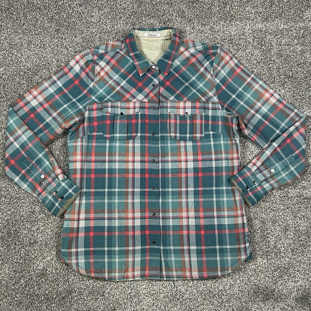 Toad & Co Snap Button Shirt Long Sleeve Mens Medium Blue Multi Plaid Flap Pocket